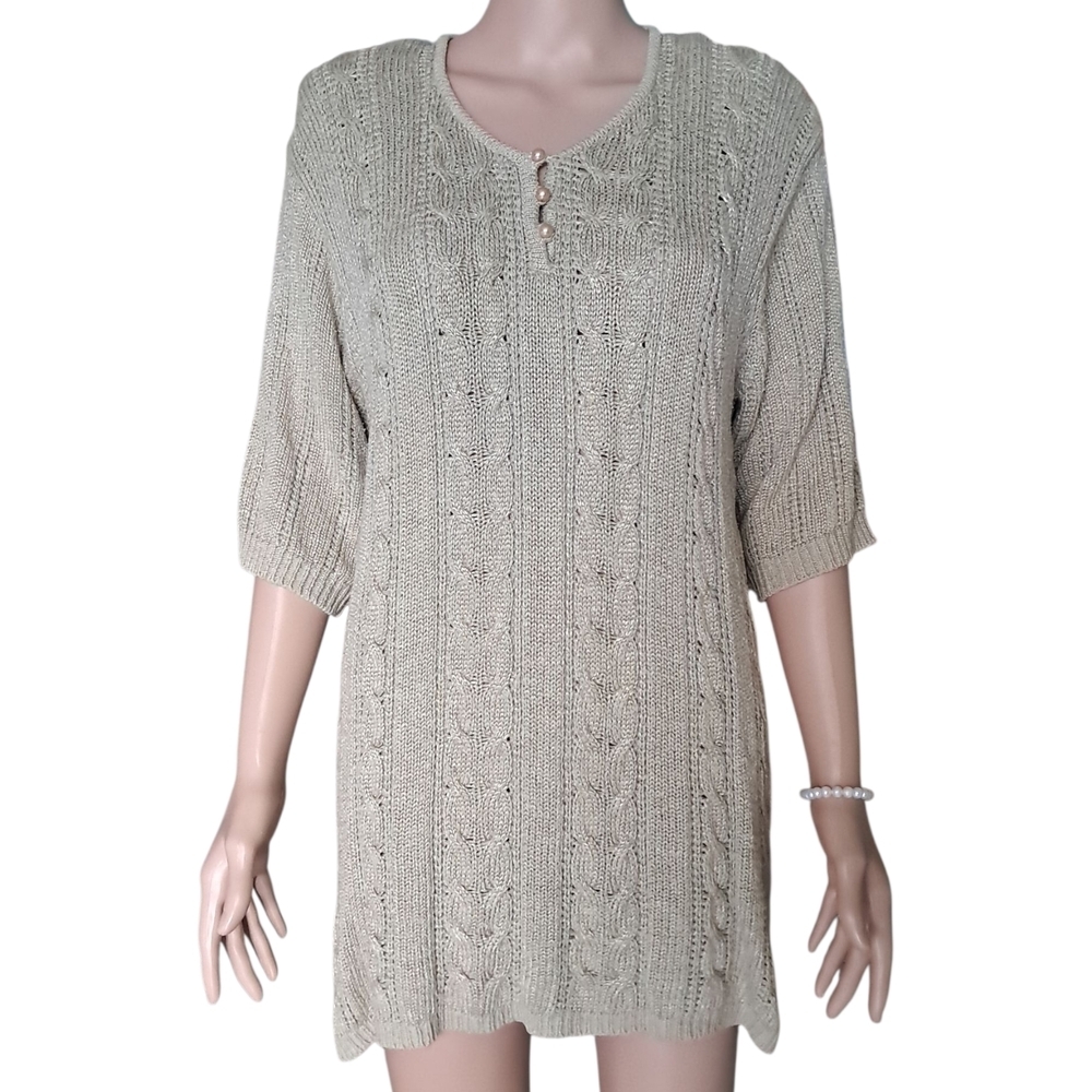 Laura Martin Collection Women's Sweater M Beige Cable Knit Silk Cotton and Rayon